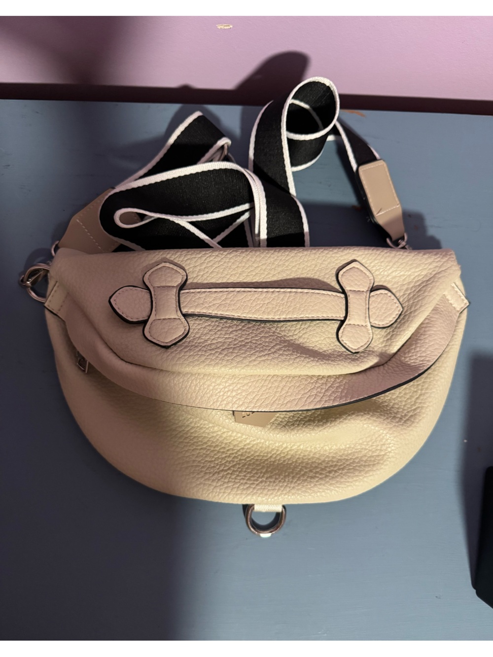 Cream Pebbled Leather Crossbody with Black & White Strap